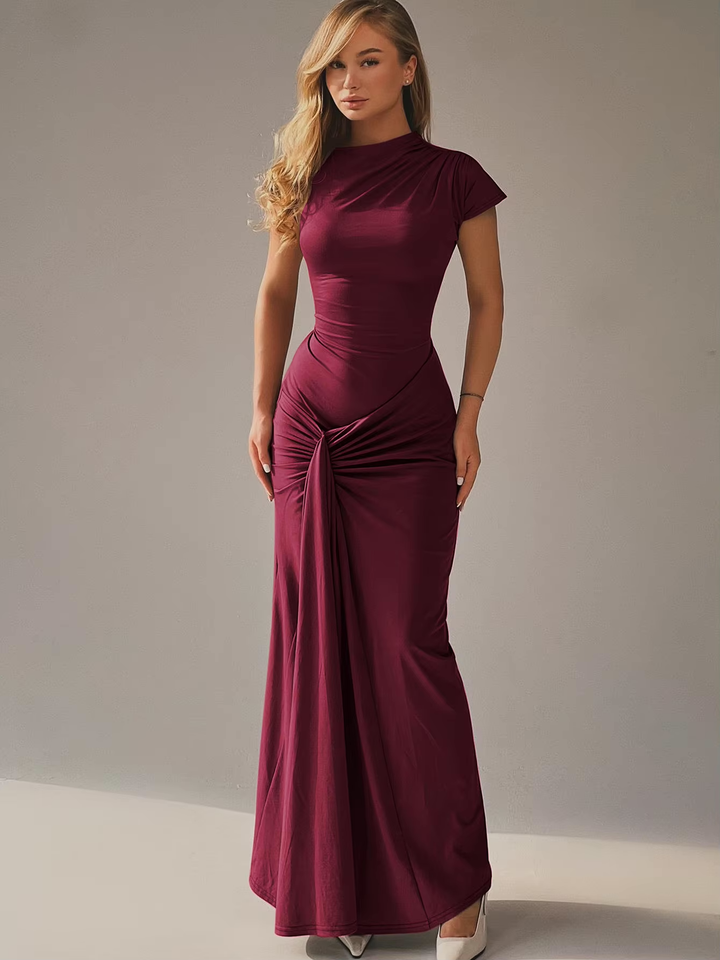 Women's Maxi Dress with Asymmetric Neckline – Lace-Up Back Slim Fit