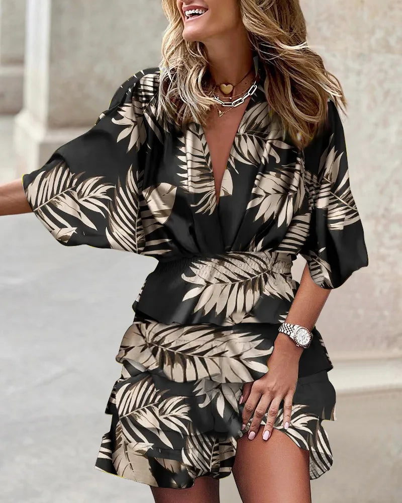 Mini abito boho donna in tessuto leggero – collo a V maniche a pipistrello