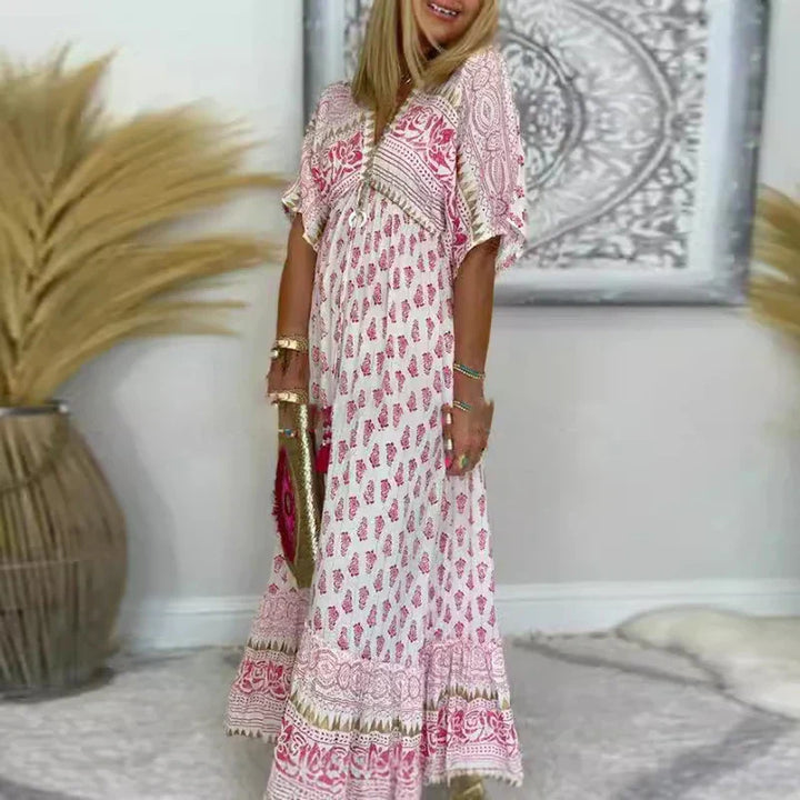 Abito lungo donna stampato con scollo a V – taglio fluido maniche corte