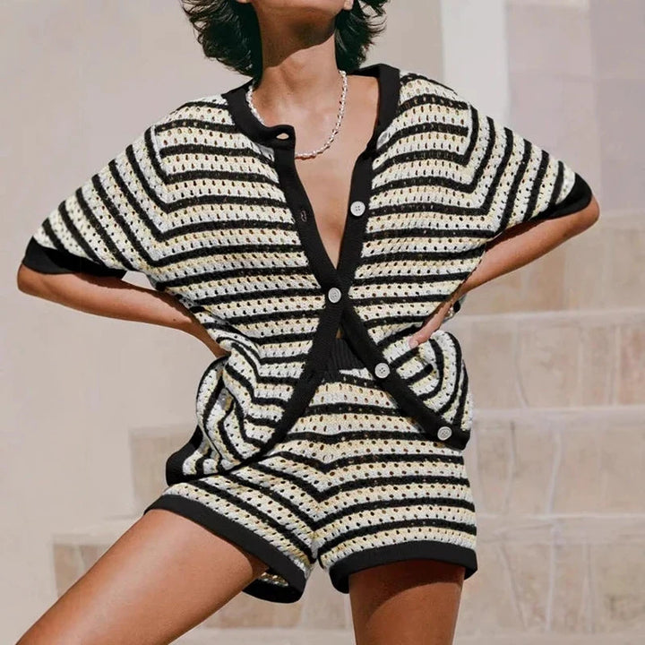 Ensemble Cardigan Femme Maille Ajourée Rayée – Coupe Décontractée