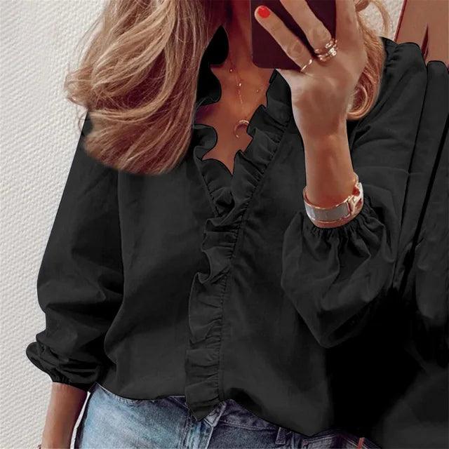 Blusa donna con volant – Collo a V leggero a maniche lunghe