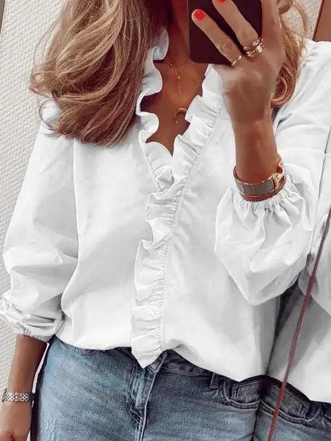 Blusa donna con volant – Collo a V leggero a maniche lunghe