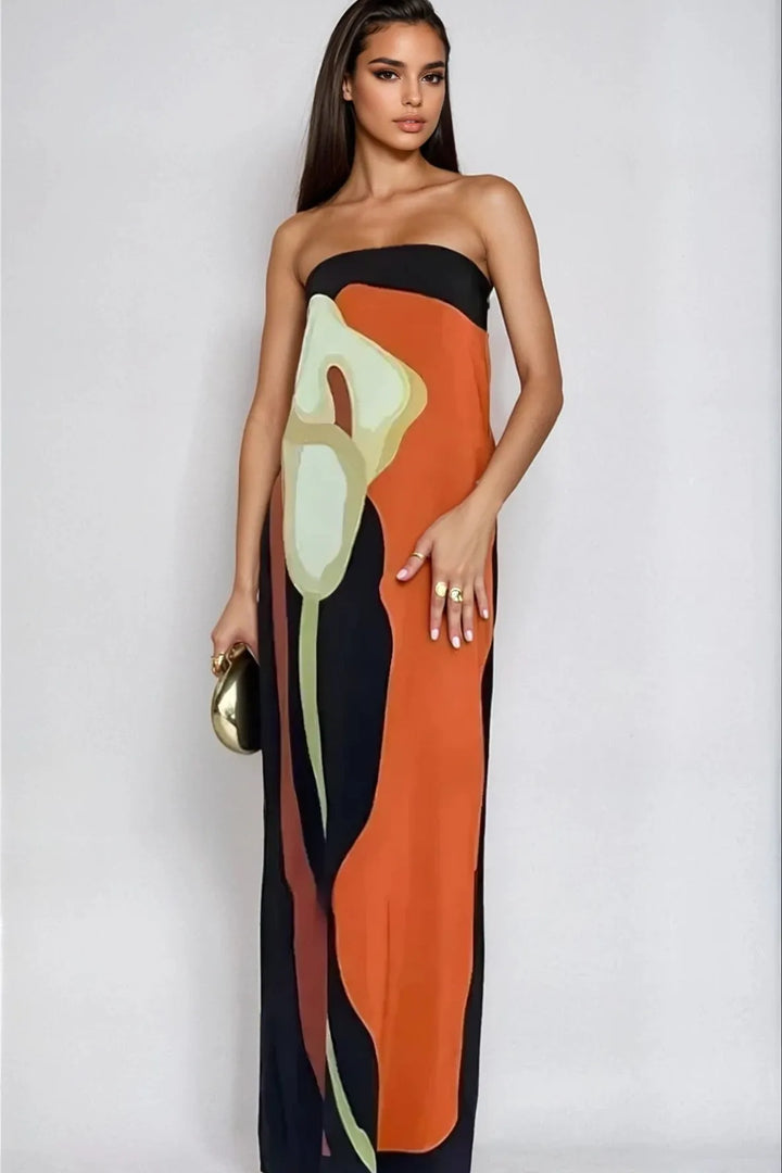 Langes Damenkleid ohne Träger – Floraler, fließender Druck