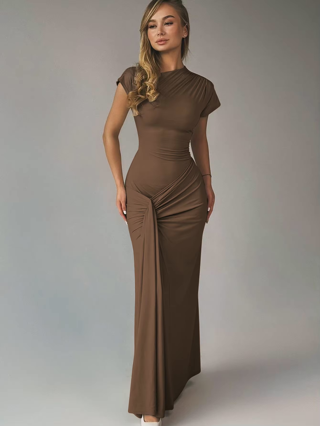 Women's Maxi Dress with Asymmetric Neckline – Lace-Up Back Slim Fit