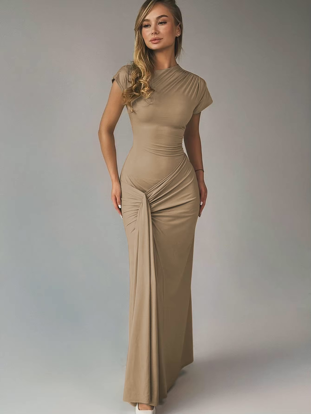 Women's Maxi Dress with Asymmetric Neckline – Lace-Up Back Slim Fit