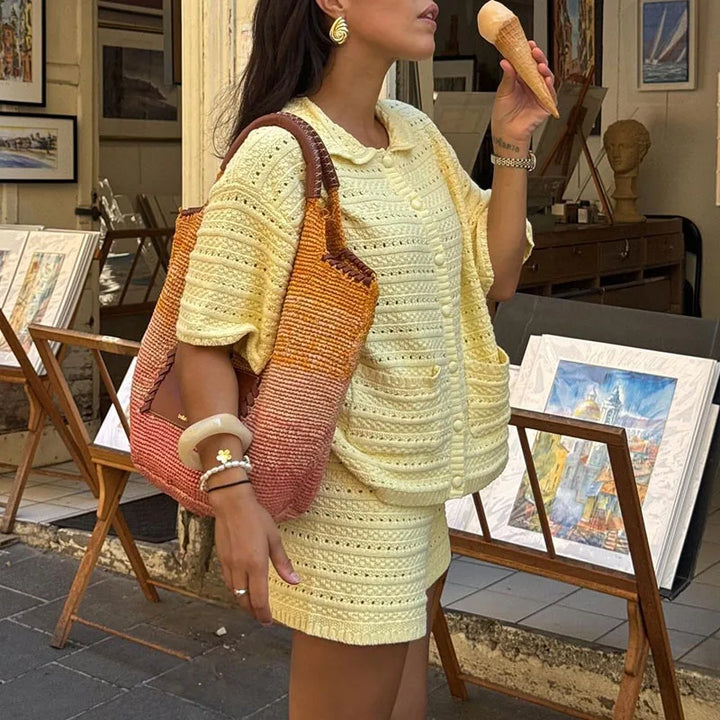 Completo Due Pezzi Donna in Maglia – Top con Colletto Camicia e Shorts Coordinati