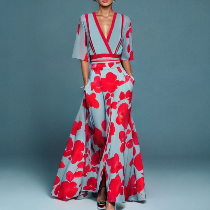 Maxikleid Damen A-Linie mit Blumen – V-Ausschnitt tailliert