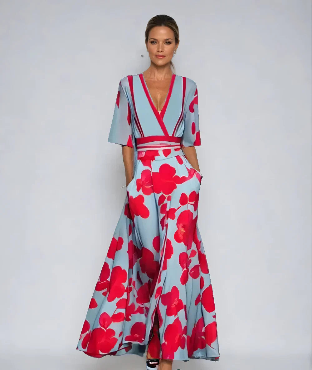 Maxikleid Damen A-Linie mit Blumen – V-Ausschnitt tailliert