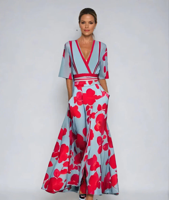 Maxikleid Damen A-Linie mit Blumen – V-Ausschnitt tailliert