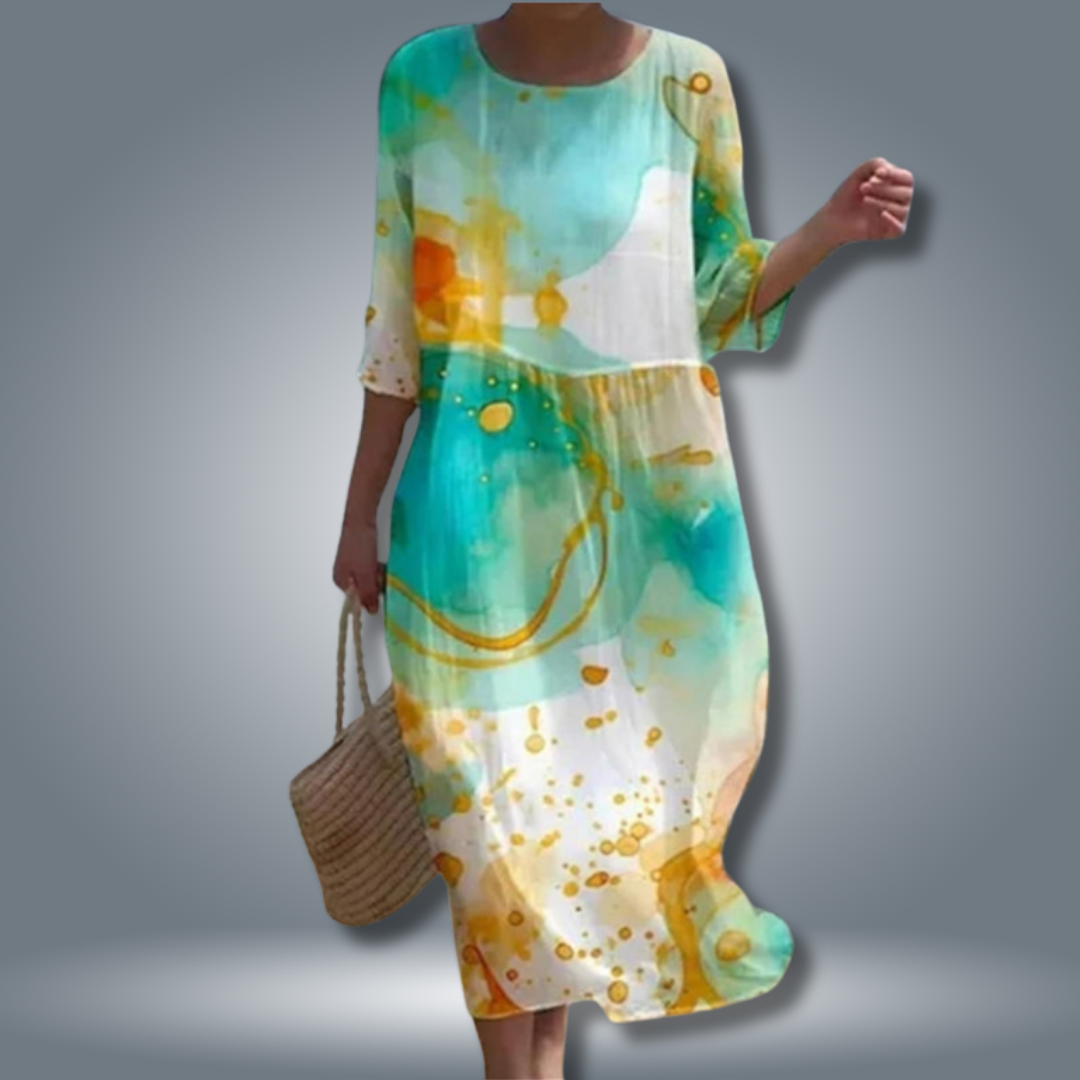 Vestito midi floreale da donna – vita arricciata e maniche 3/4