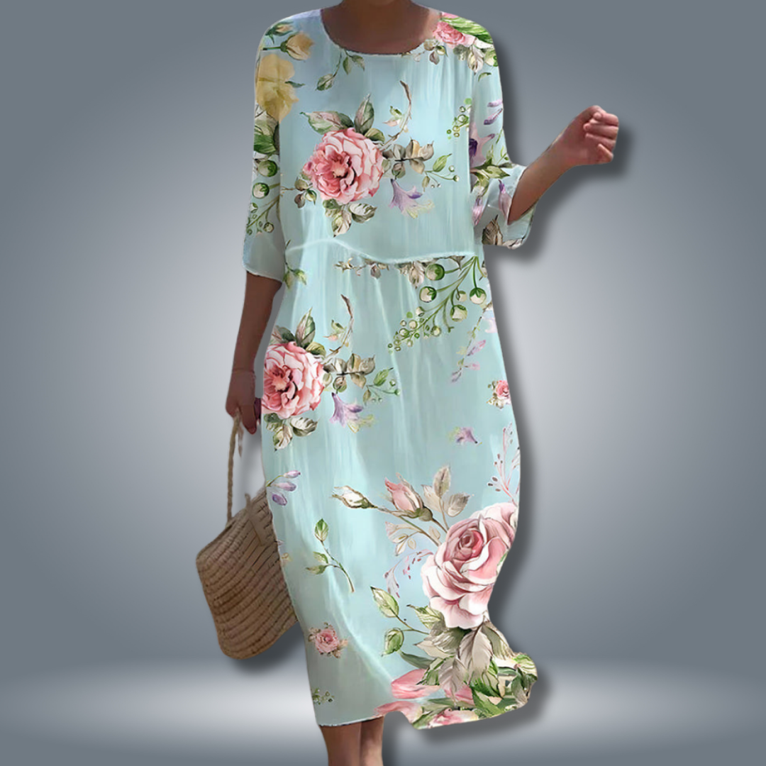Vestito midi floreale da donna – vita arricciata e maniche 3/4