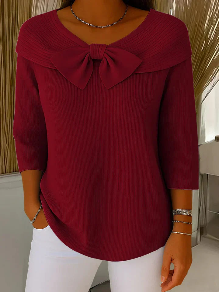 Top für Damen aus geripptem Strick – Kragen mit Schleifendetail