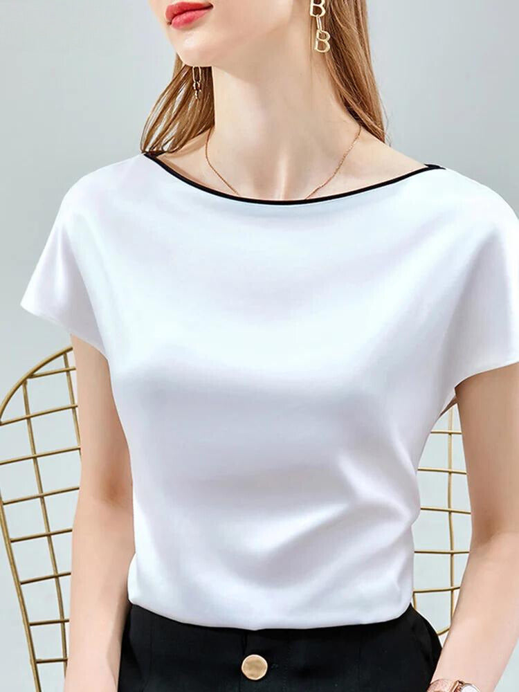 Women's Satin Silk T-Shirt – Crew Neck with Contrasting Trim