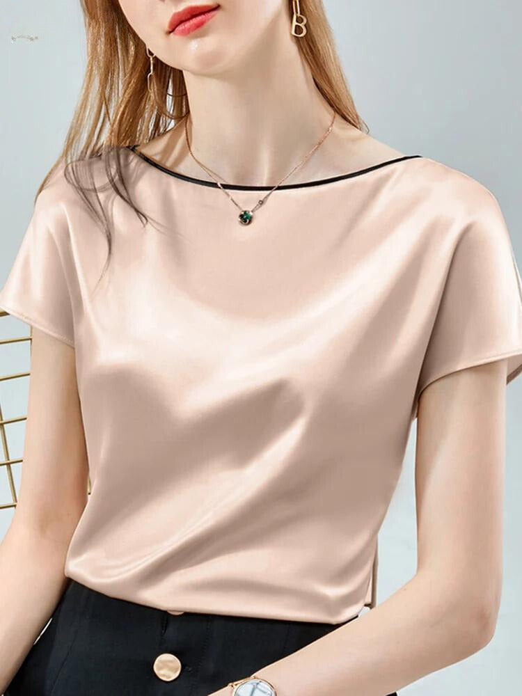 Women's Satin Silk T-Shirt – Crew Neck with Contrasting Trim
