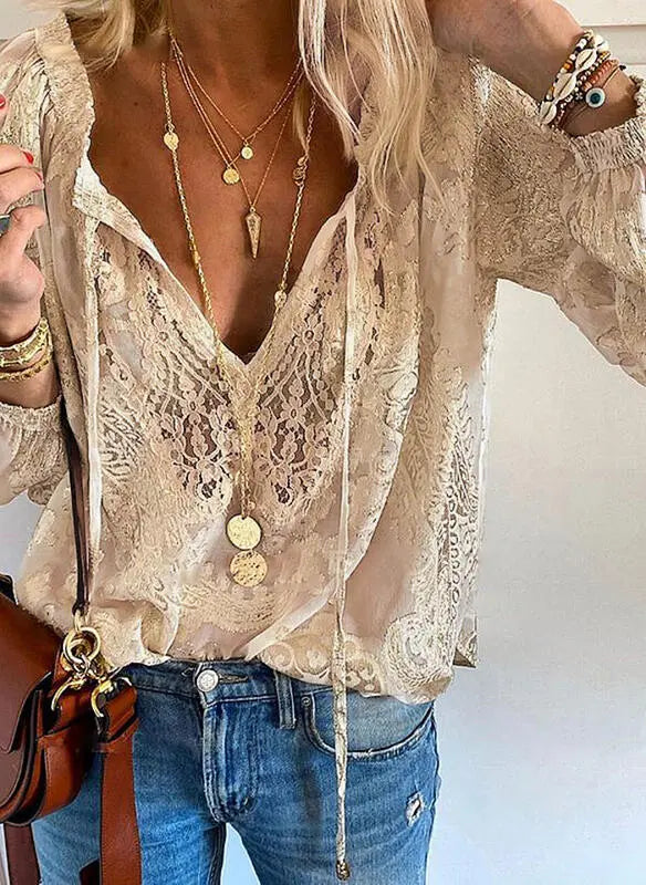 Boho-Spitzenbluse Damen – lässiger Schnitt mit langen Ärmeln