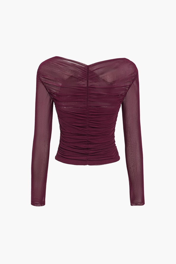 Mesh-Top Damen mit Raffung – figurformender Schnitt mit langen Ärmeln