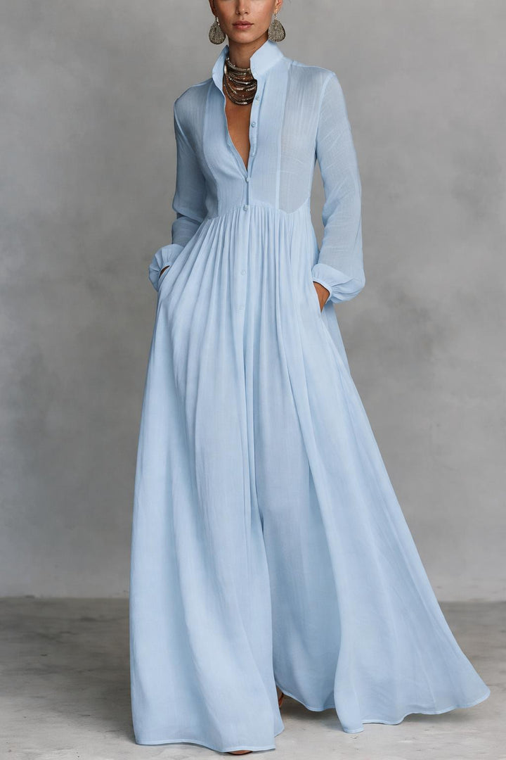 Damen Langes Plissiertes Kleid – Leicht Lange Ärmel A-Linien-Schnitt Ausgestellter Saum