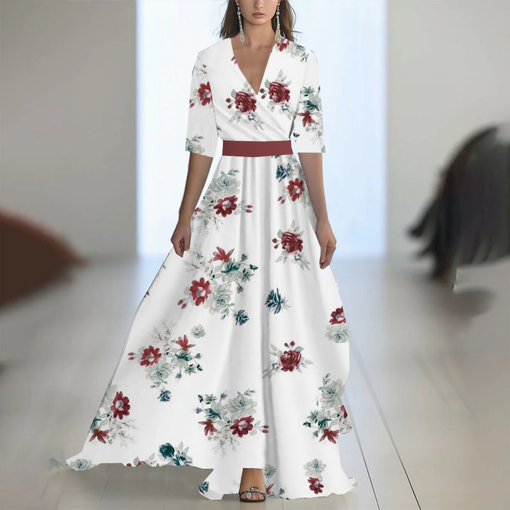 Damen Maxikleid mit Blumenmuster – V-Ausschnitt, taillierter Schnitt