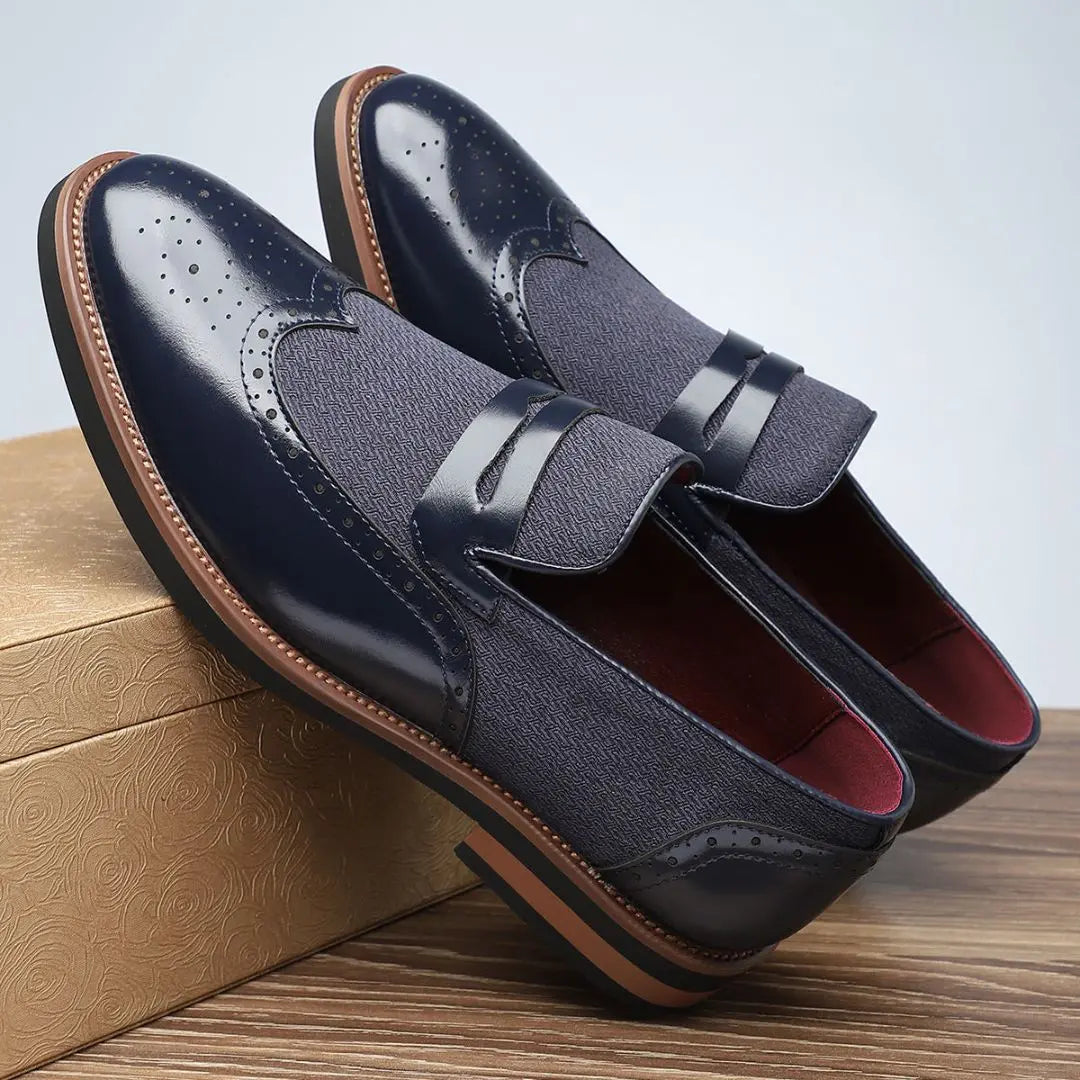 Mocassins Homme Brogue à Bout Golf – Tige Lisse et Panneaux en Tissu Tressé