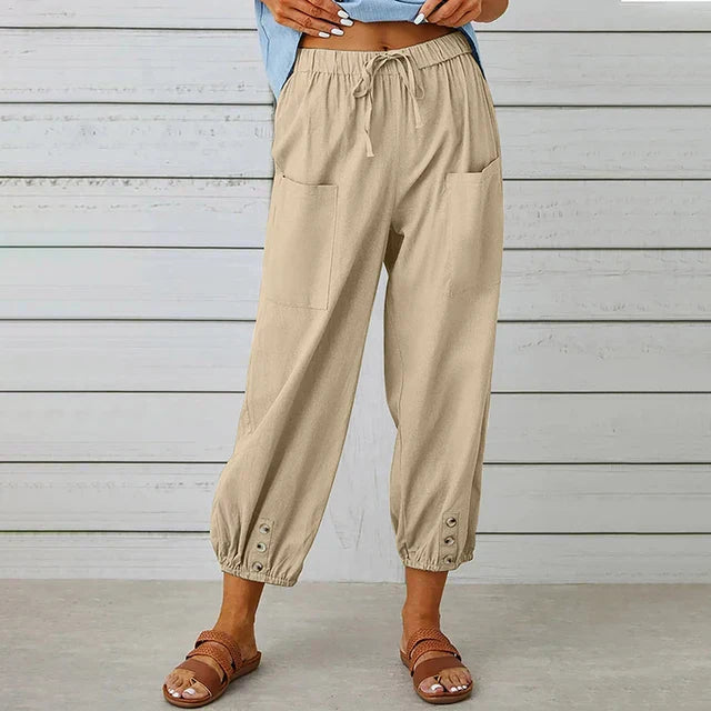 Hoch taillierte Damenhose aus Leinen – Lässige Cropped-Silhouette mit Kordelzug