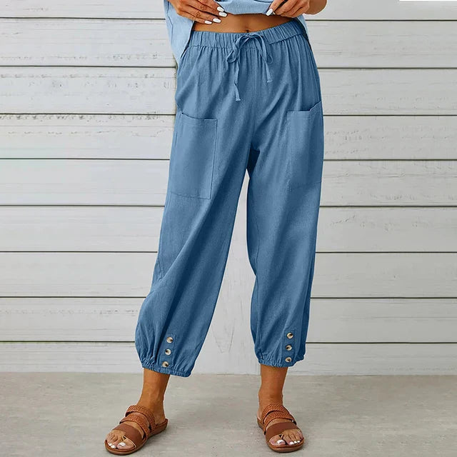 Hoch taillierte Damenhose aus Leinen – Lässige Cropped-Silhouette mit Kordelzug
