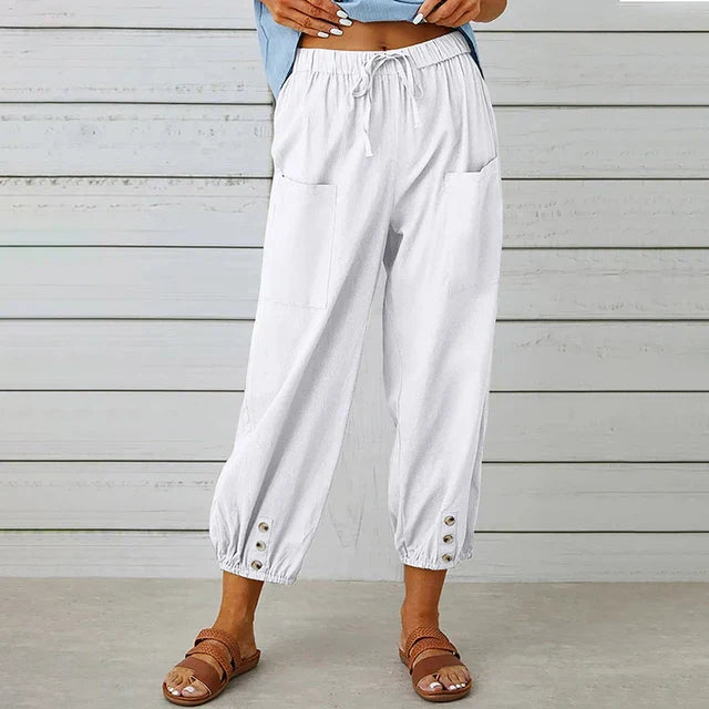 Hoch taillierte Damenhose aus Leinen – Lässige Cropped-Silhouette mit Kordelzug