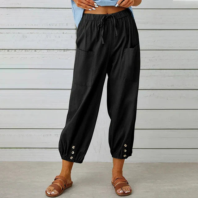 Hoch taillierte Damenhose aus Leinen – Lässige Cropped-Silhouette mit Kordelzug