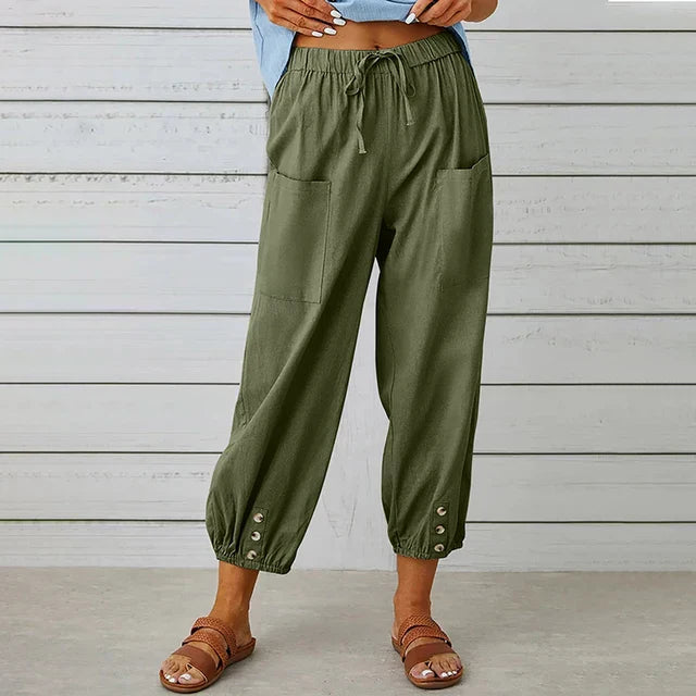 Hoch taillierte Damenhose aus Leinen – Lässige Cropped-Silhouette mit Kordelzug