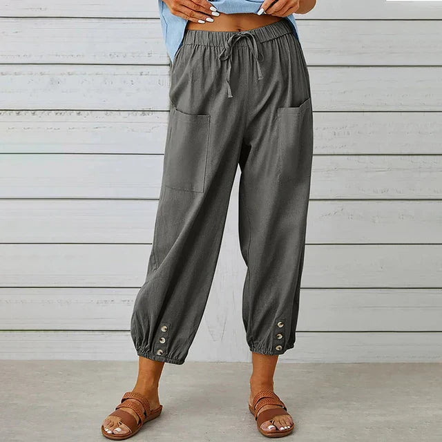 Hoch taillierte Damenhose aus Leinen – Lässige Cropped-Silhouette mit Kordelzug