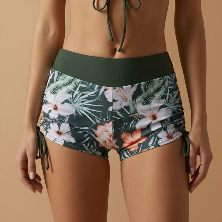 Damen-Bikini-Set – gerafftes Crop-Top &amp; hoch taillierte Shorts mit Blumenmuster