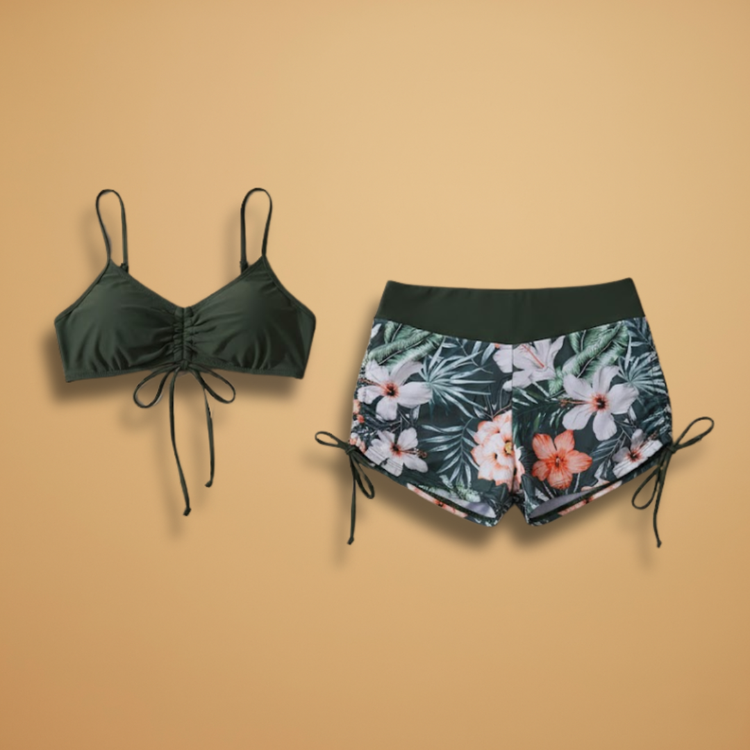 Damen-Bikini-Set – gerafftes Crop-Top &amp; hoch taillierte Shorts mit Blumenmuster