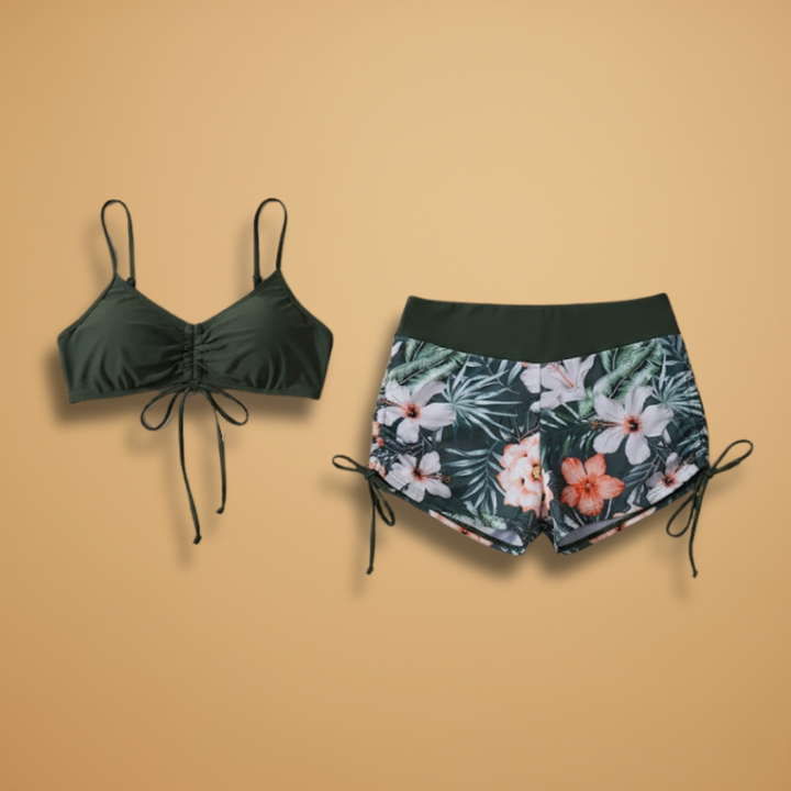 Damen-Bikini-Set – gerafftes Crop-Top &amp; hoch taillierte Shorts mit Blumenmuster