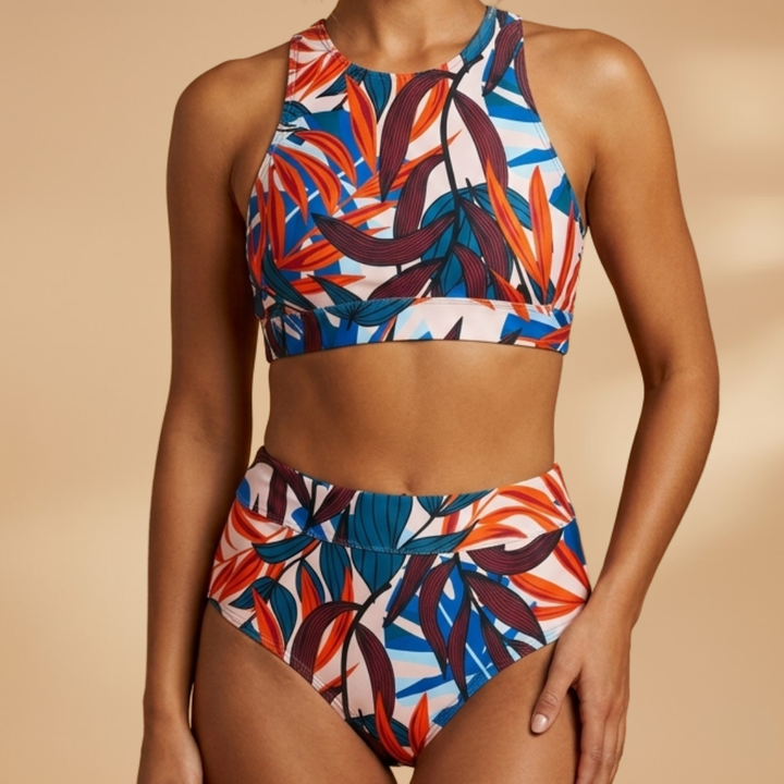 Bikini donna con stampa tropicale – Top corto con scollo rotondo e slip a vita alta