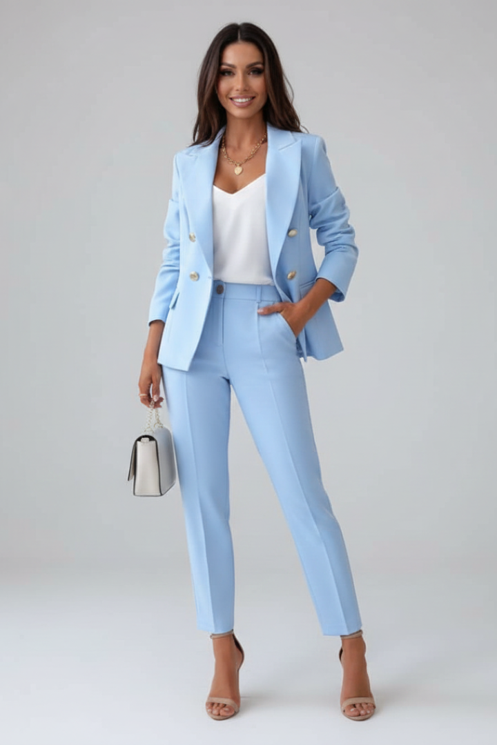 Women's Double-Breasted Suit Set – Gold Buttons & Slim Pants