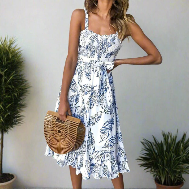 Bohemian Midi Dress for Women – Wide Straps, Leaf Print, and Ruffled Hem
