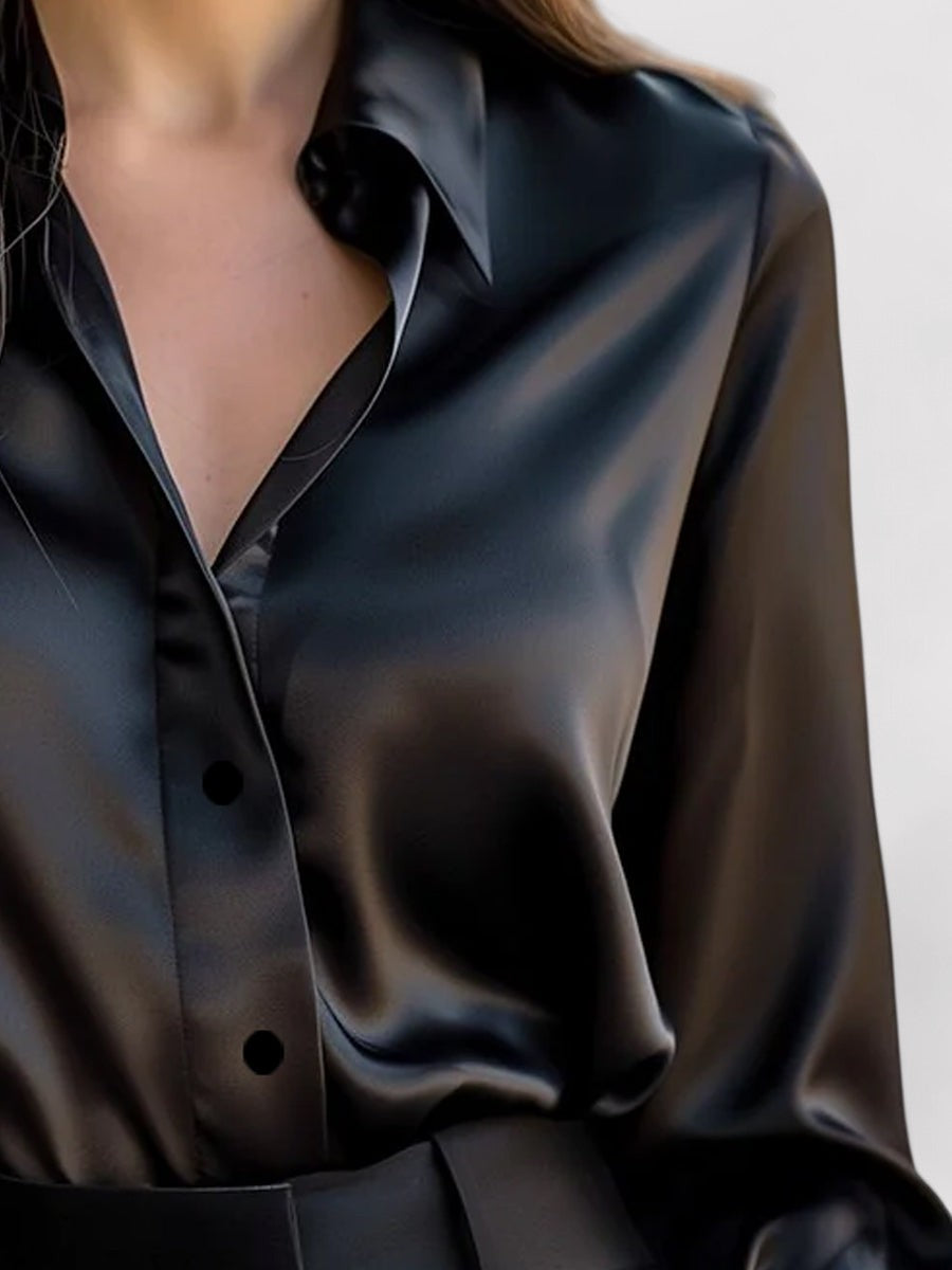 Damen Satinbluse mit langen Ärmeln – Lässige Passform Knopfleiste