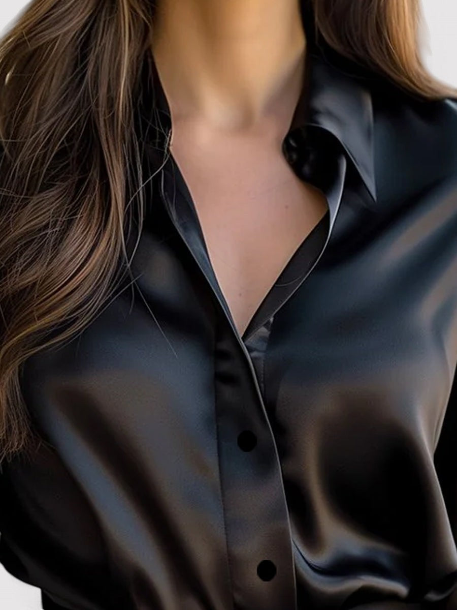 Damen Satinbluse mit langen Ärmeln – Lässige Passform Knopfleiste