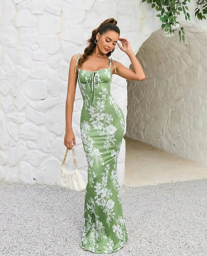 Maxi bodycon-kjole til kvinder med blomster – Tætsiddende silhuet med udvidet kant