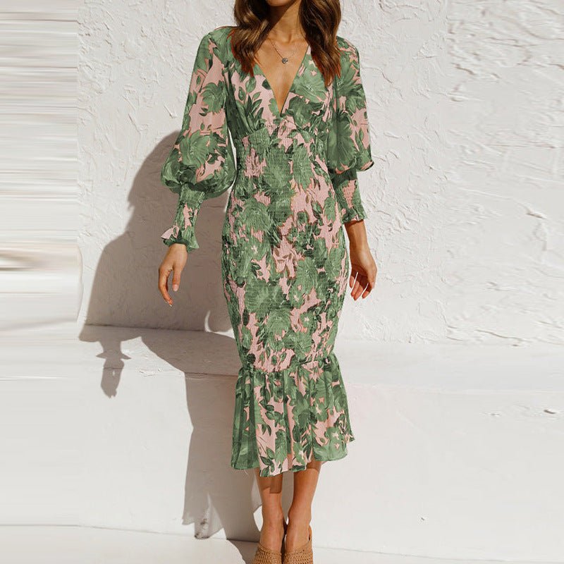 Women's Floral Midi Dress – V-Neck and Puffy Sleeves