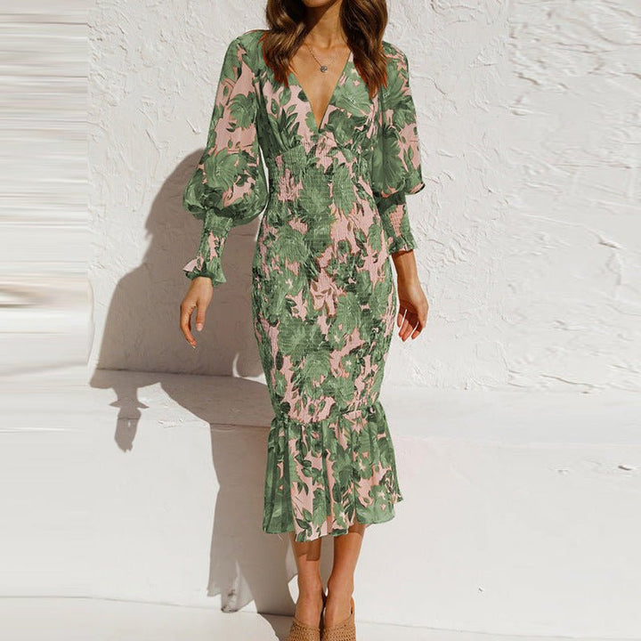 Women's Floral Midi Dress – V-Neck and Puffy Sleeves
