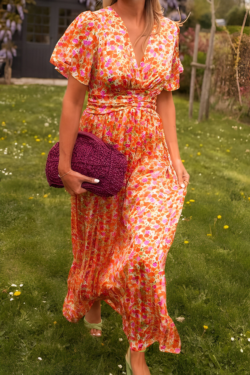 Maxikleid Damen mit Blumenmuster und V-Ausschnitt – fließendes, elastisches Taillendetail