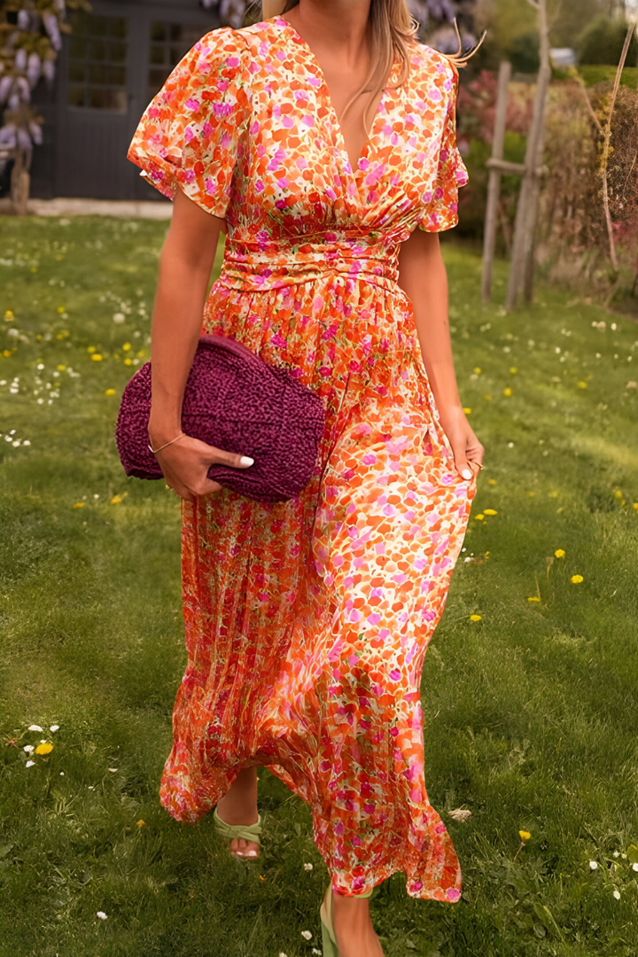 Maxikleid Damen mit Blumenmuster und V-Ausschnitt – fließendes, elastisches Taillendetail