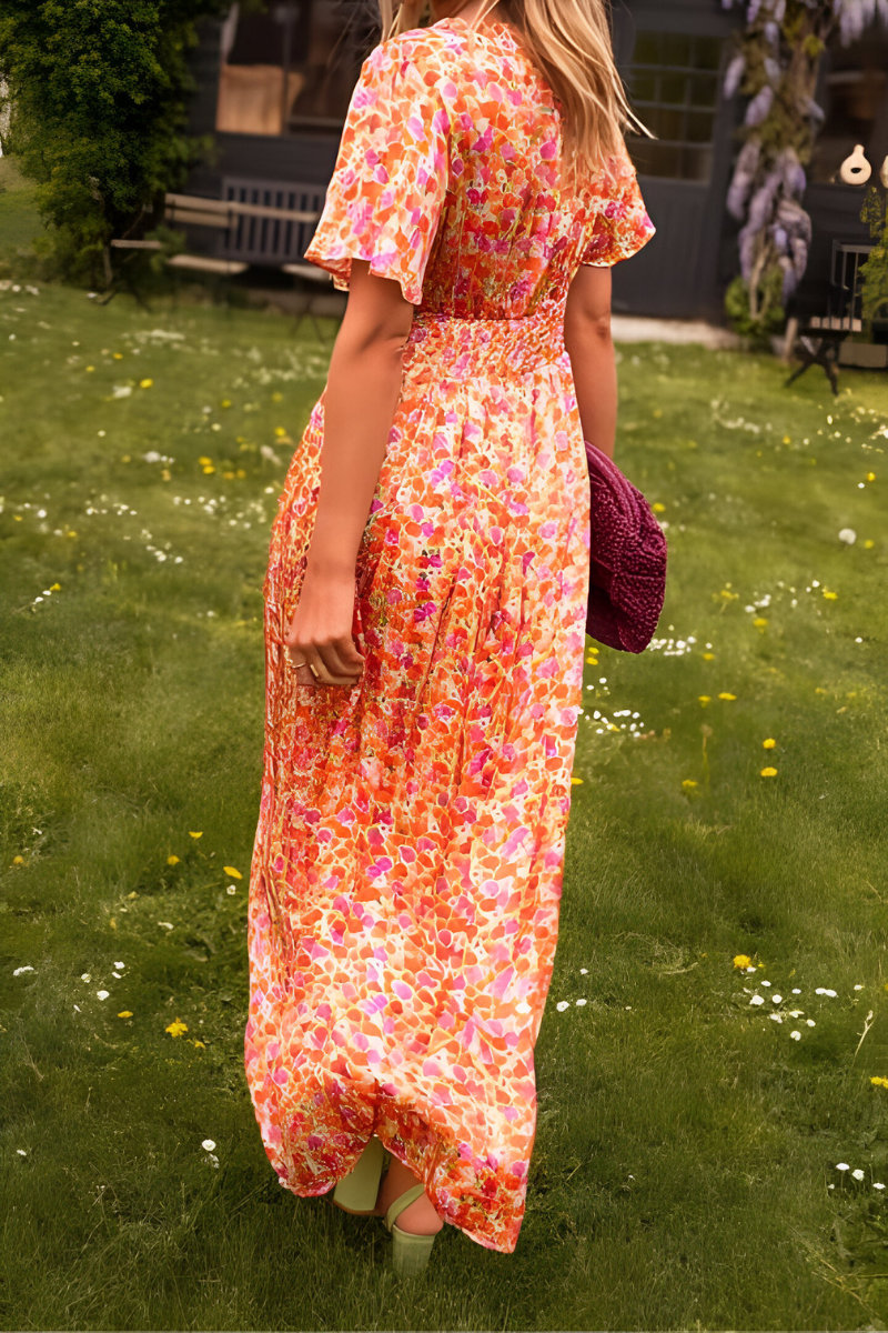 Maxikleid Damen mit Blumenmuster und V-Ausschnitt – fließendes, elastisches Taillendetail