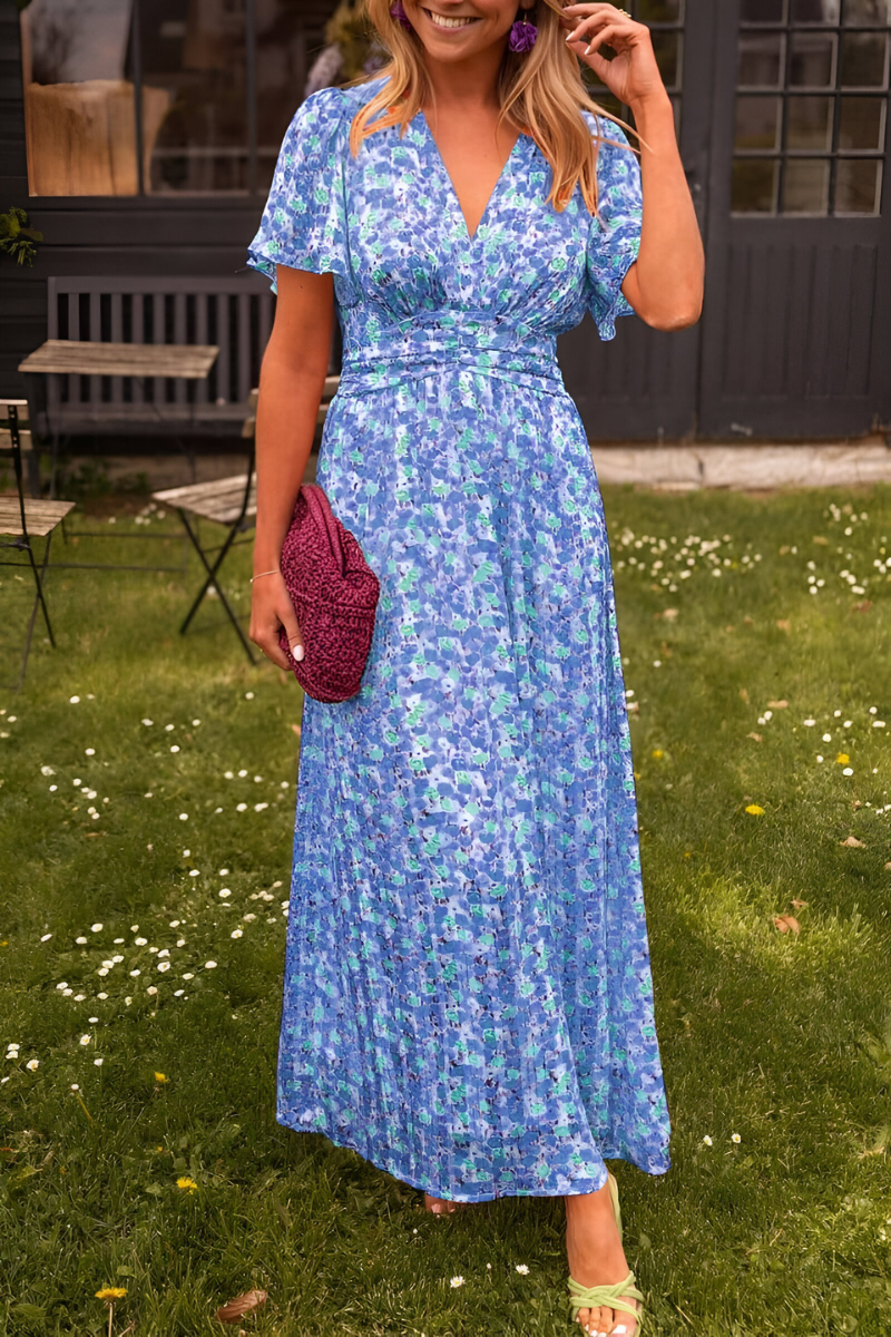 Maxikleid Damen mit Blumenmuster und V-Ausschnitt – fließendes, elastisches Taillendetail