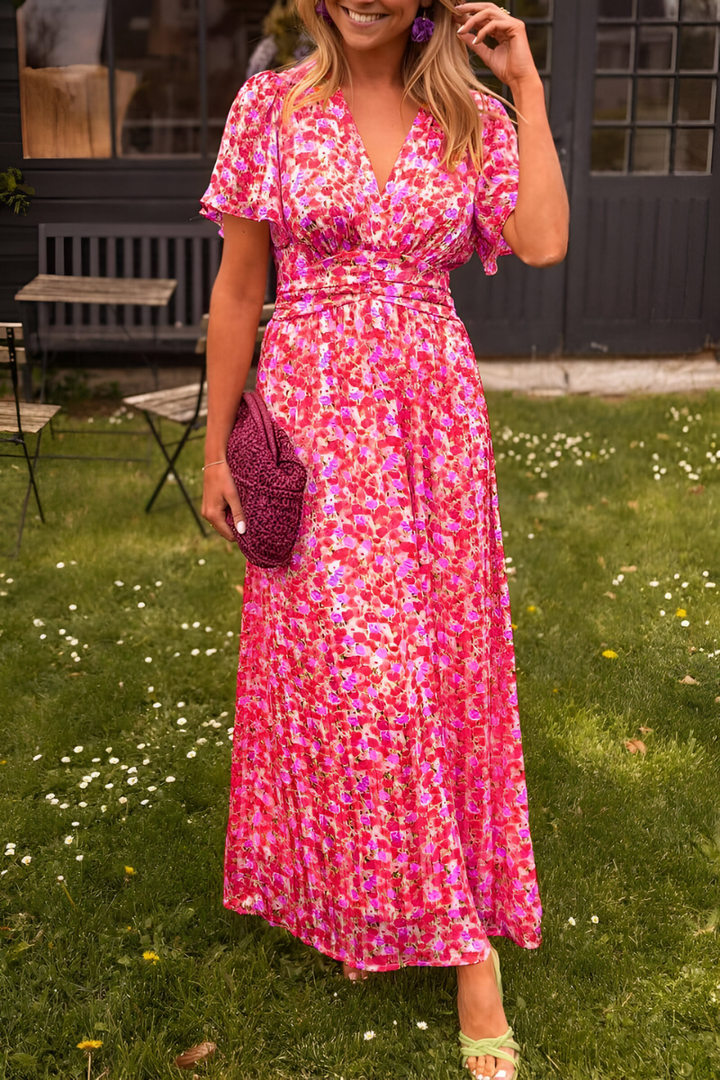 Maxikleid Damen mit Blumenmuster und V-Ausschnitt – fließendes, elastisches Taillendetail
