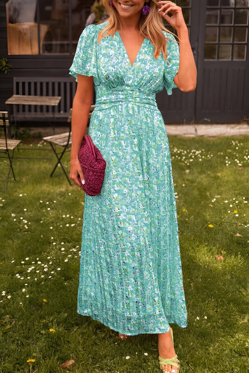 Maxikleid Damen mit Blumenmuster und V-Ausschnitt – fließendes, elastisches Taillendetail