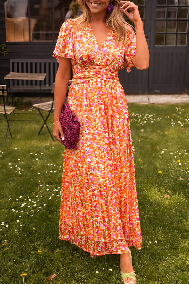 Maxikleid Damen mit Blumenmuster und V-Ausschnitt – fließendes, elastisches Taillendetail