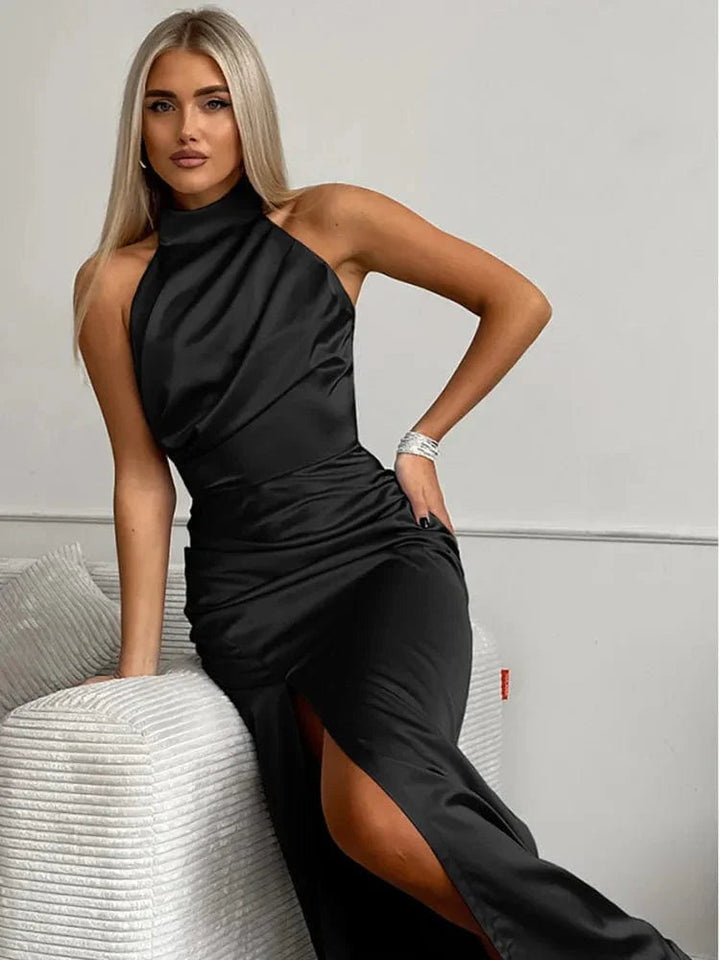 Maxikleid für Damen aus Satin mit Neckholder – Ärmellos mit hohem Schlitz
