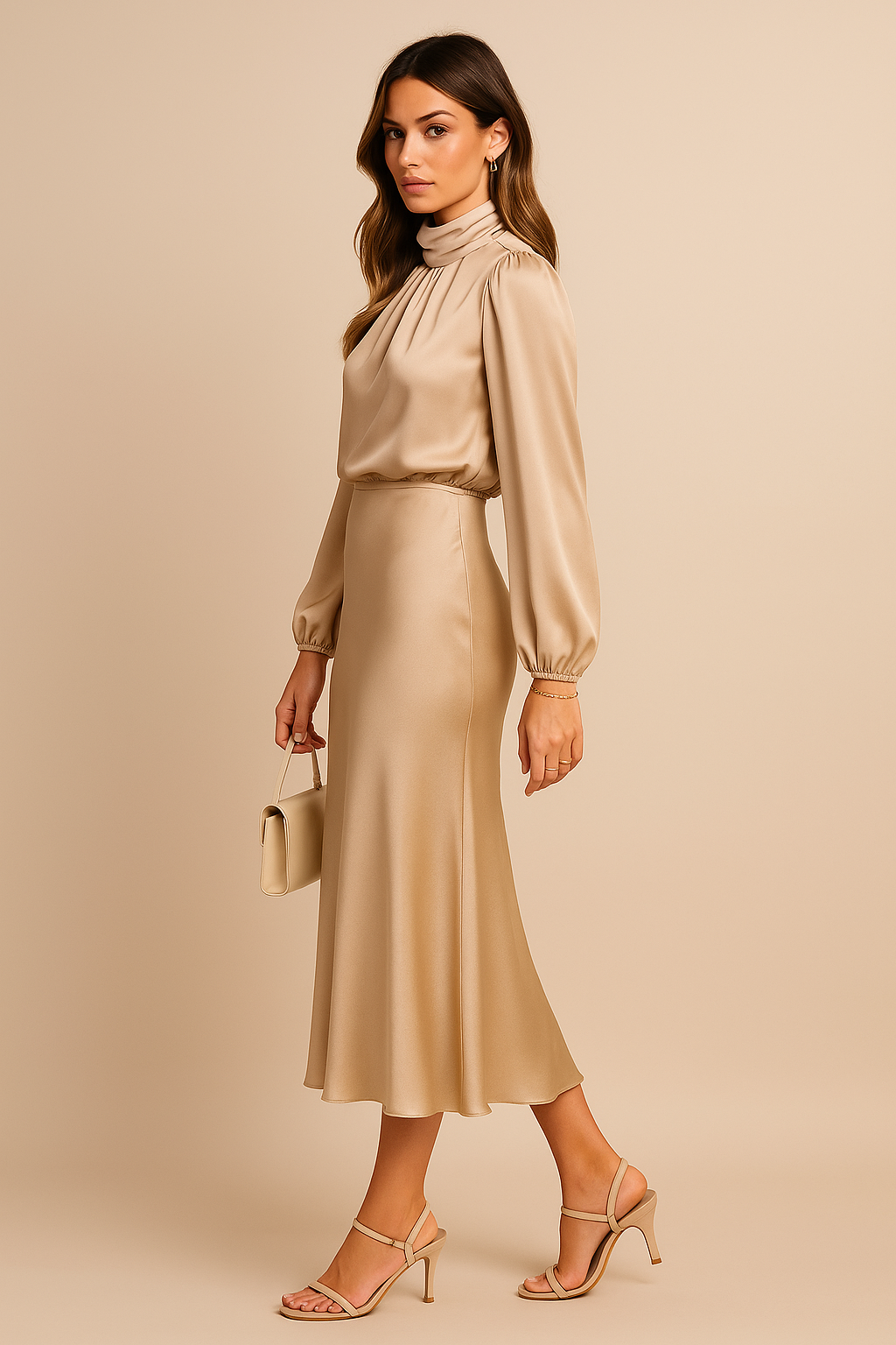 Abito midi in satin da donna – Maniche lunghe collo drappeggiato