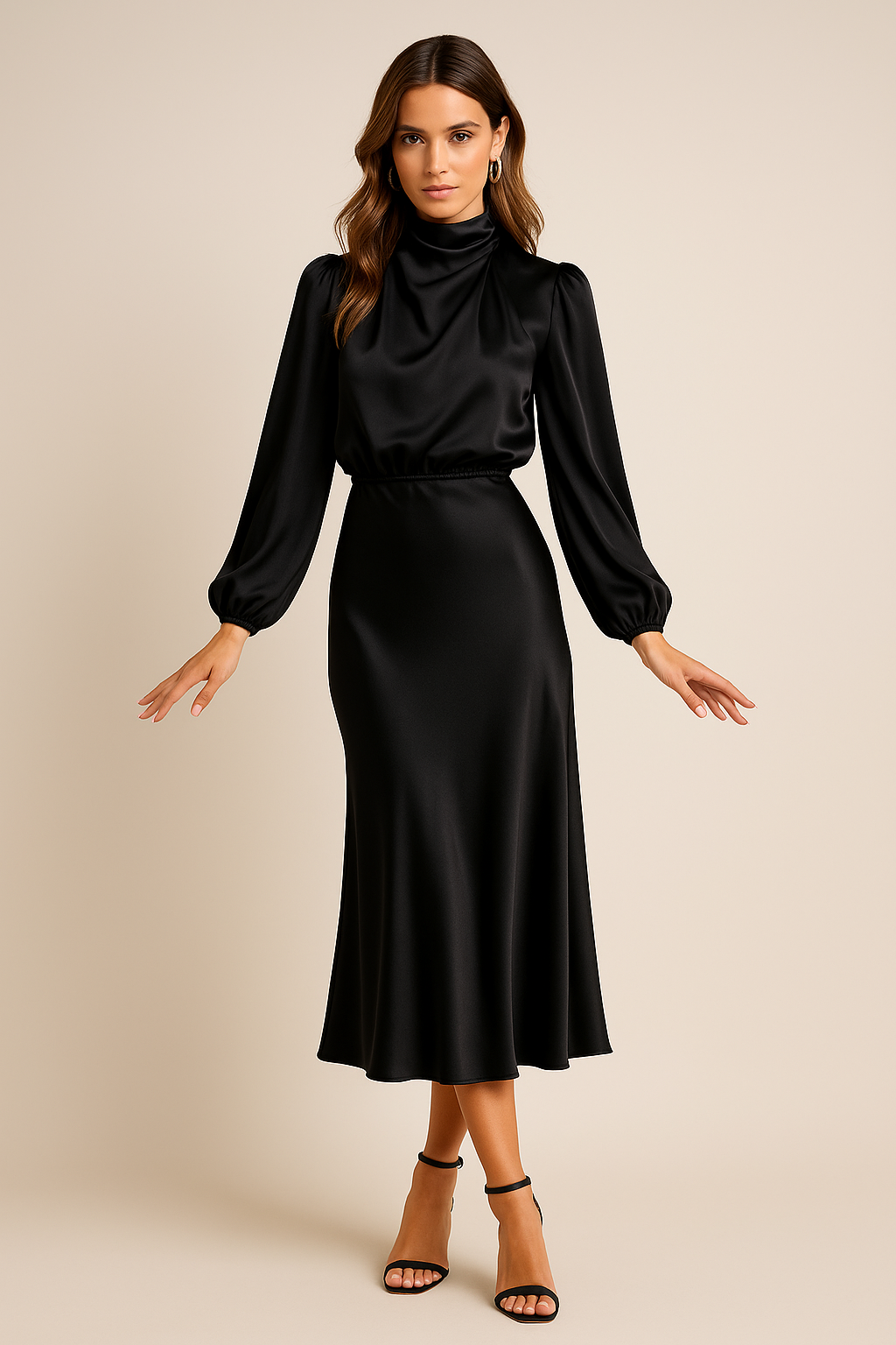 Abito midi in satin da donna – Maniche lunghe collo drappeggiato